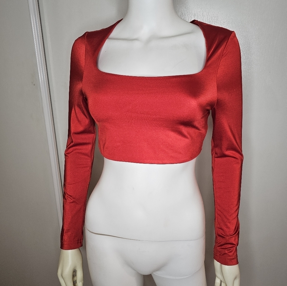 Womens Retro Y2k Shiny Lollipop Red Scoop Neck Cropped Top Size Small